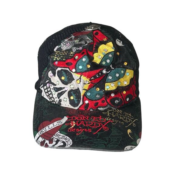 Y2K Vintage Ed Hardy Christian Audigier Bling Skull Snap Back Trucker Cap - Picture 2 of 11